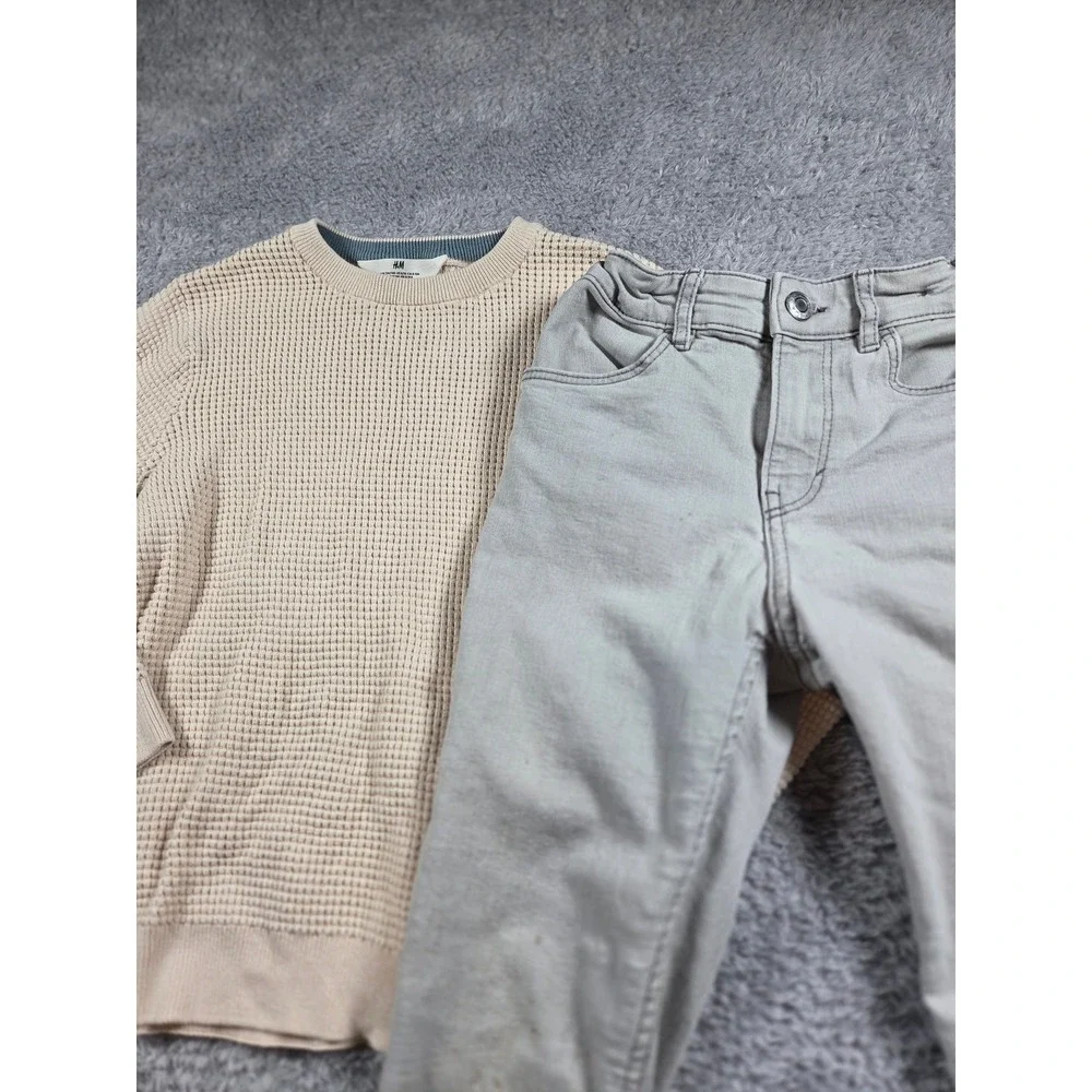 HM Boys Cream Waffle‎ Knit Sweater and Gray Skinny Jeans Set Size 8-10Y